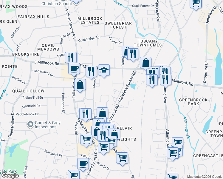 map of restaurants, bars, coffee shops, grocery stores, and more near 1721 Grace Brook Road in Raleigh