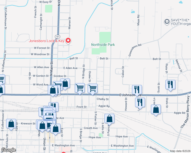 map of restaurants, bars, coffee shops, grocery stores, and more near 331 North Fisher Street in Jonesboro