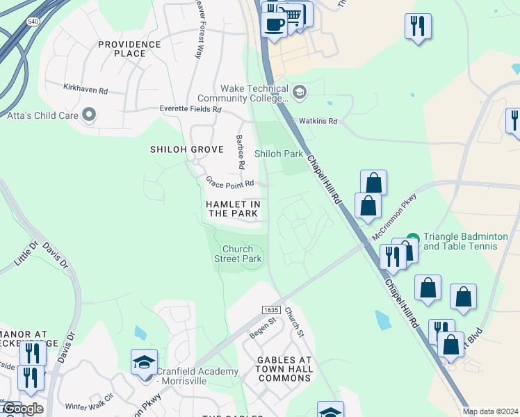 map of restaurants, bars, coffee shops, grocery stores, and more near 200 Tylerway Lane in Morrisville