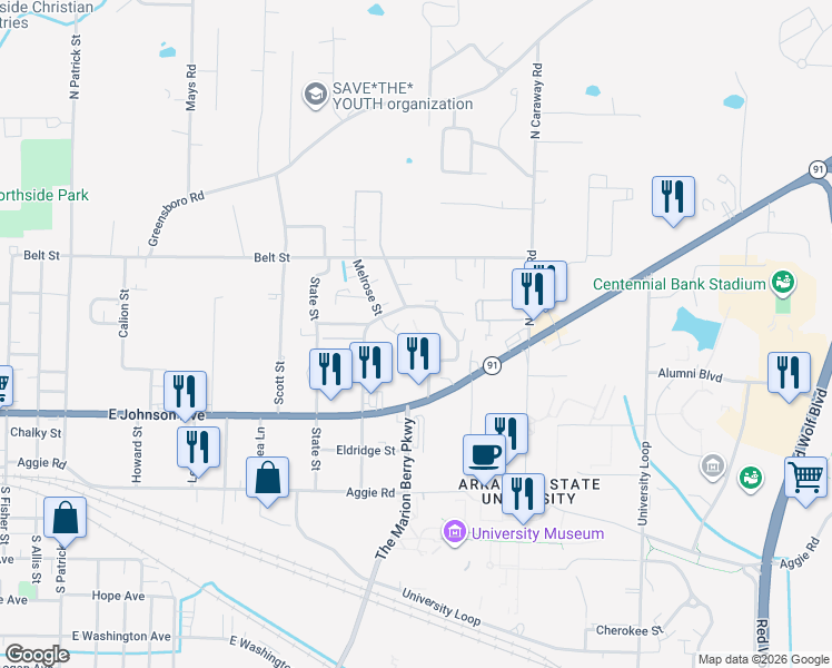 map of restaurants, bars, coffee shops, grocery stores, and more near 2009 Cedar Heights Drive in Jonesboro