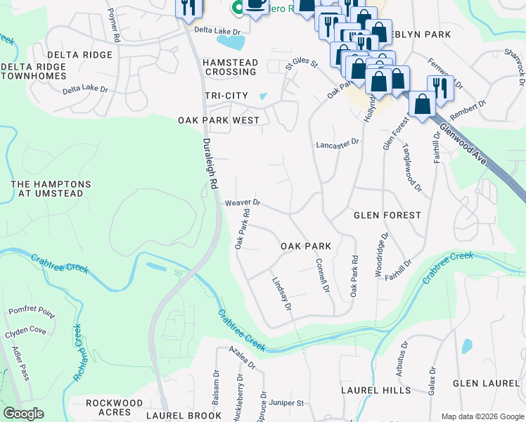 map of restaurants, bars, coffee shops, grocery stores, and more near 4118 Weaver Drive in Raleigh