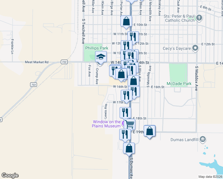 map of restaurants, bars, coffee shops, grocery stores, and more near in Dumas