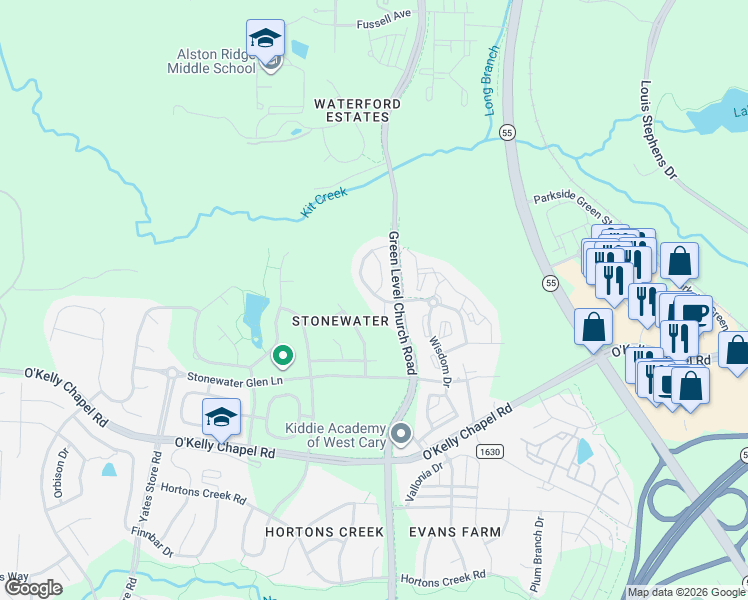 map of restaurants, bars, coffee shops, grocery stores, and more near 722 Silver Stream Lane in Cary