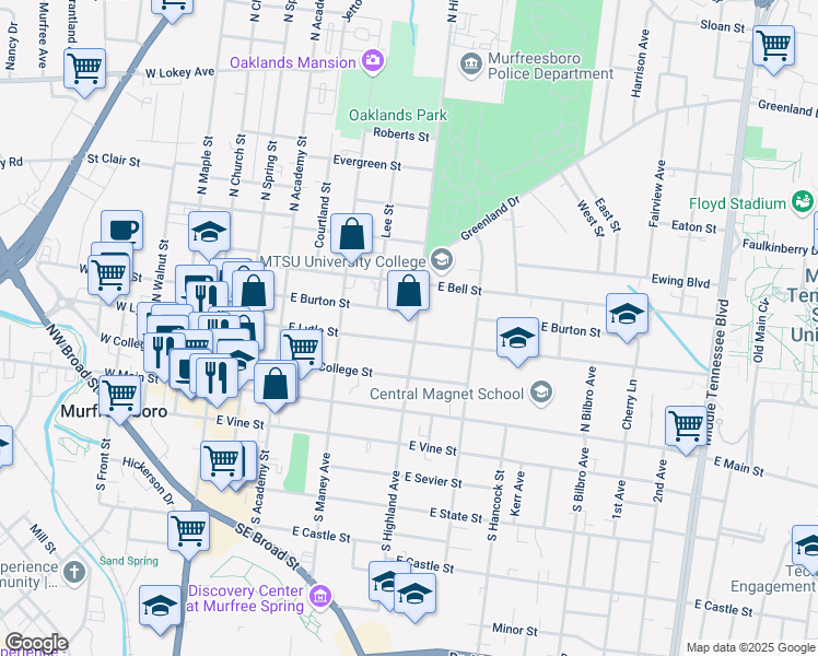 map of restaurants, bars, coffee shops, grocery stores, and more near in Murfreesboro