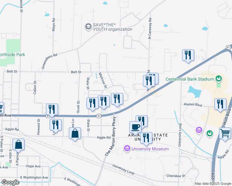 map of restaurants, bars, coffee shops, grocery stores, and more near 331 Russell Drive in Jonesboro