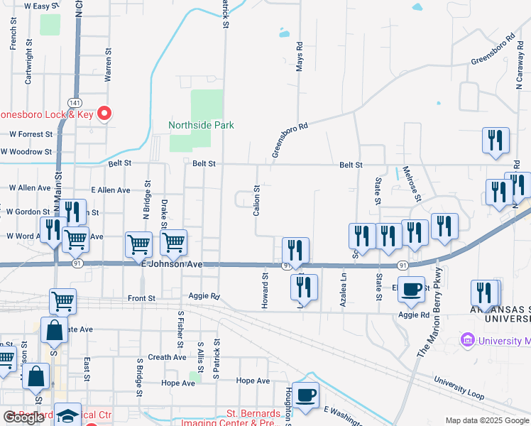 map of restaurants, bars, coffee shops, grocery stores, and more near 410 Calion Street in Jonesboro
