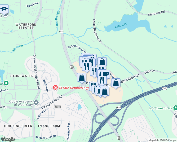 map of restaurants, bars, coffee shops, grocery stores, and more near Parkside Main Street in Cary