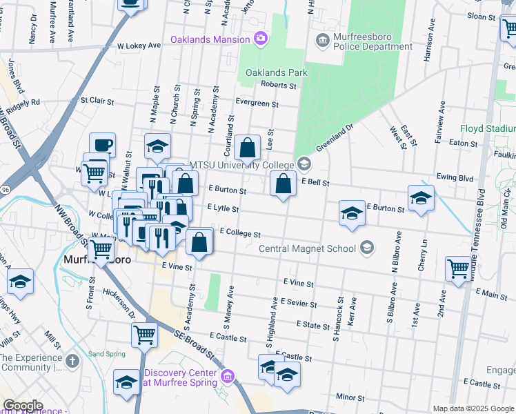 map of restaurants, bars, coffee shops, grocery stores, and more near 427 Lee Street in Murfreesboro