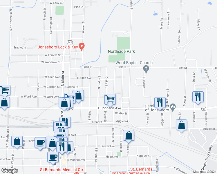 map of restaurants, bars, coffee shops, grocery stores, and more near 334 Drake Street in Jonesboro