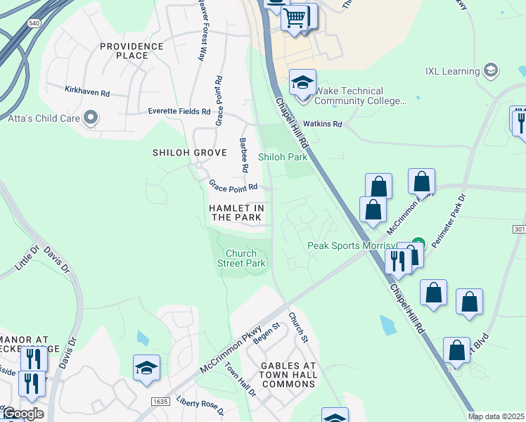map of restaurants, bars, coffee shops, grocery stores, and more near 204 Tylerway Lane in Morrisville