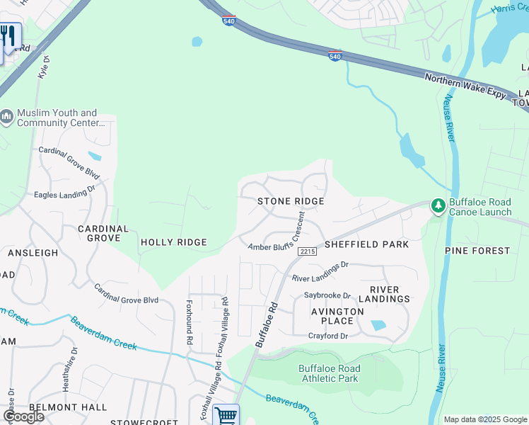 map of restaurants, bars, coffee shops, grocery stores, and more near 5161 Holly Ridge Farm Road in Raleigh