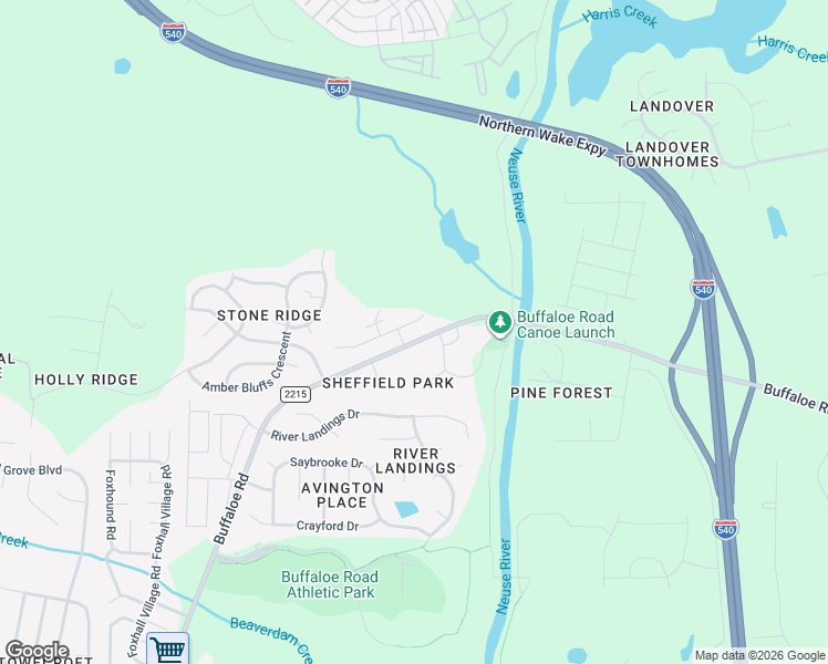 map of restaurants, bars, coffee shops, grocery stores, and more near 6501-6599 Buffaloe Road in Raleigh