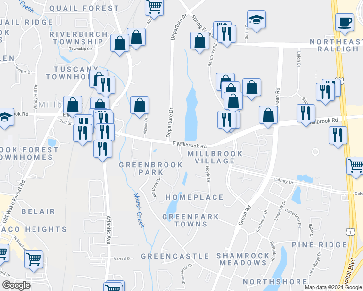 map of restaurants, bars, coffee shops, grocery stores, and more near 2411 East Millbrook Road in Raleigh