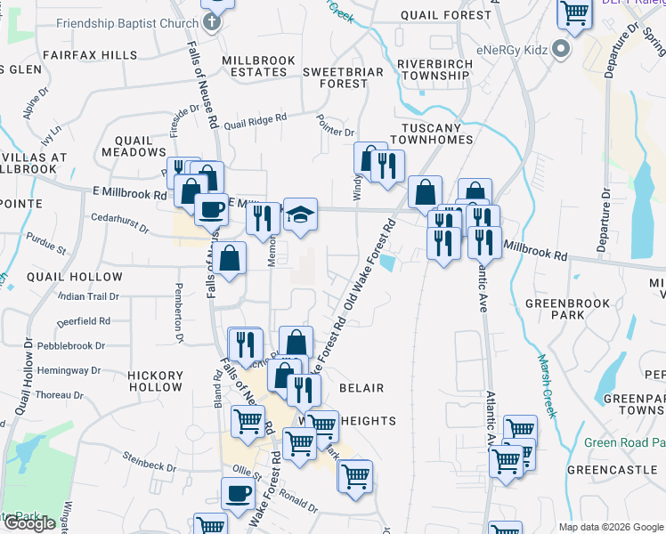 map of restaurants, bars, coffee shops, grocery stores, and more near 1707 Sorrell Brook Way in Raleigh
