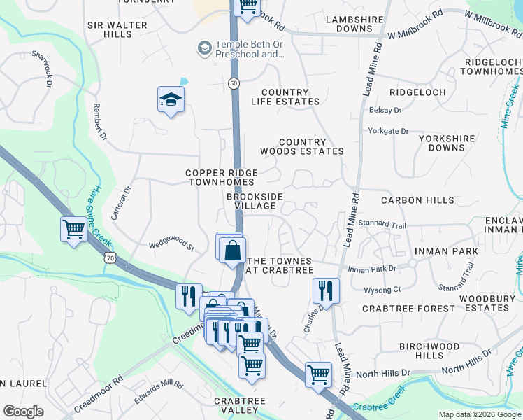 map of restaurants, bars, coffee shops, grocery stores, and more near 4521 Crab Creek Drive in Raleigh