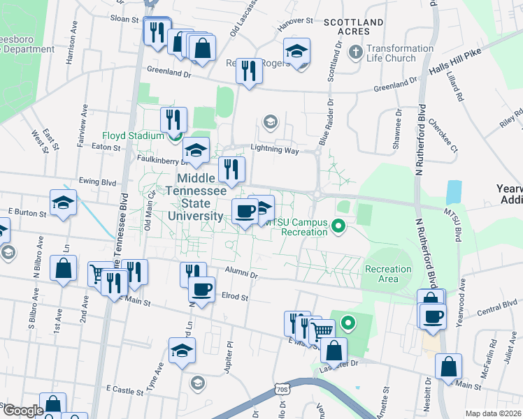 map of restaurants, bars, coffee shops, grocery stores, and more near 1744 MTSU Boulevard in Murfreesboro