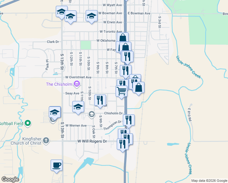 map of restaurants, bars, coffee shops, grocery stores, and more near 1209 South 7th Street in Kingfisher