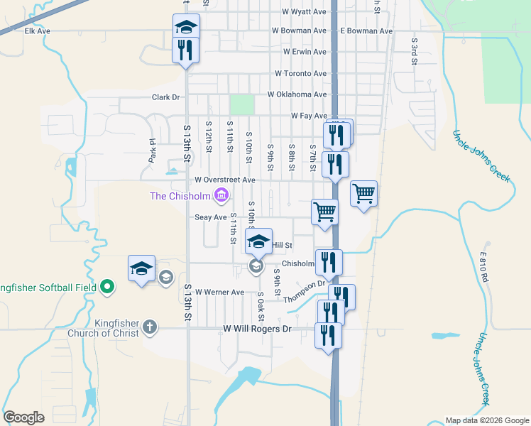 map of restaurants, bars, coffee shops, grocery stores, and more near 1211 Regency Court in Kingfisher