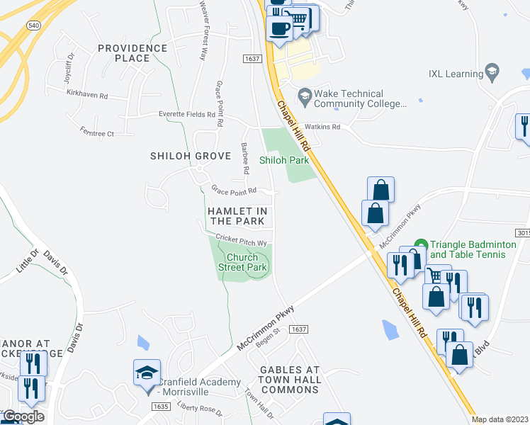 map of restaurants, bars, coffee shops, grocery stores, and more near 212 Tylerway Lane in Morrisville