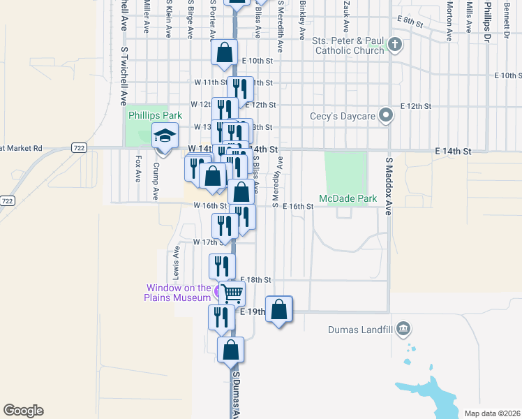 map of restaurants, bars, coffee shops, grocery stores, and more near 1601 South Bliss Avenue in Dumas