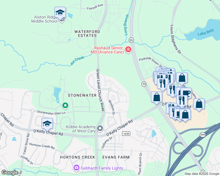 map of restaurants, bars, coffee shops, grocery stores, and more near 2005 Teaching Drive in Cary