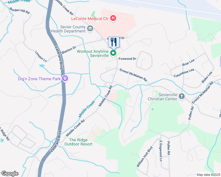 map of restaurants, bars, coffee shops, grocery stores, and more near 1102 Middle Creek Road in Sevierville