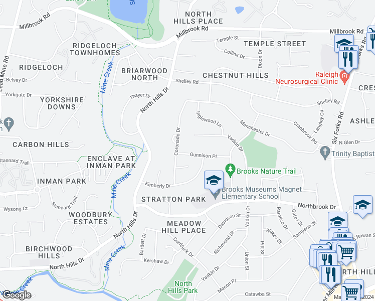 map of restaurants, bars, coffee shops, grocery stores, and more near 1212 Gunnison Place in Raleigh