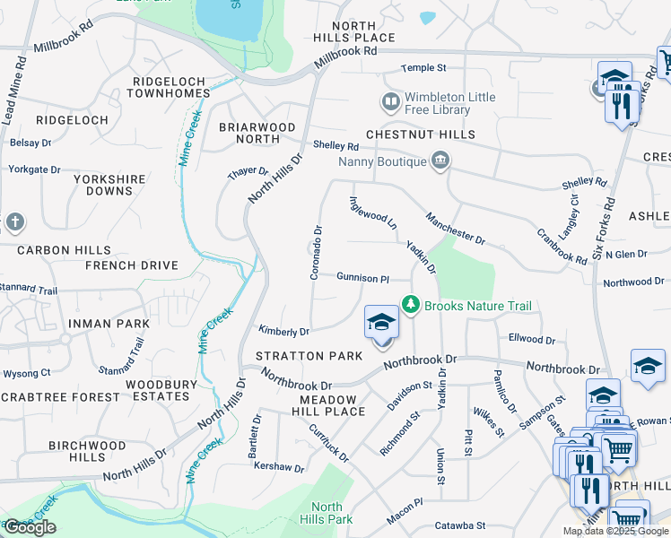 map of restaurants, bars, coffee shops, grocery stores, and more near 1212 Gunnison Place in Raleigh
