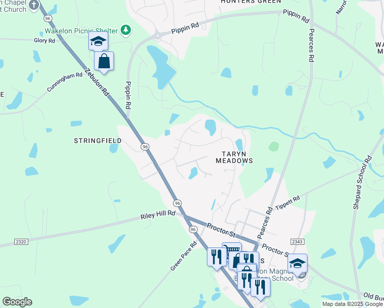 map of restaurants, bars, coffee shops, grocery stores, and more near 6149 Watsonia Drive in Zebulon