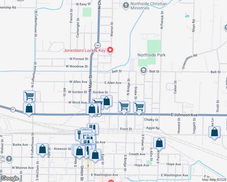 map of restaurants, bars, coffee shops, grocery stores, and more near 409 Labaume Street in Jonesboro