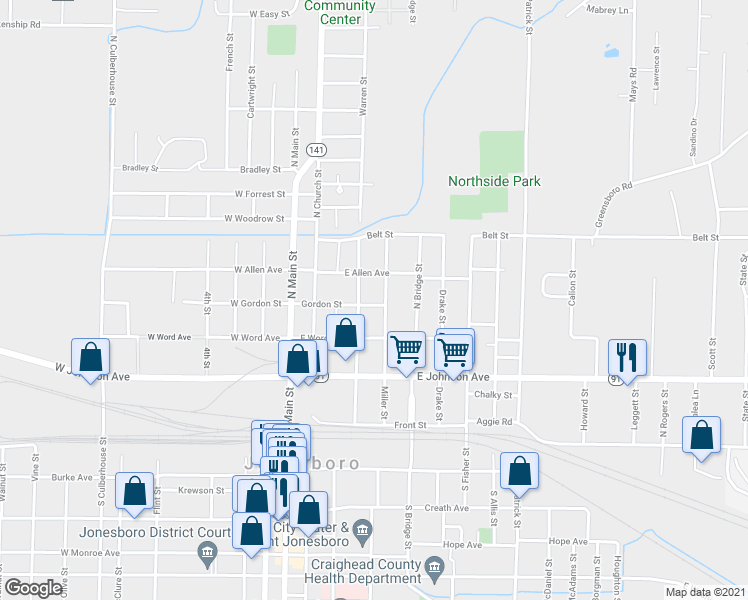 map of restaurants, bars, coffee shops, grocery stores, and more near 408 Gordon Street in Jonesboro