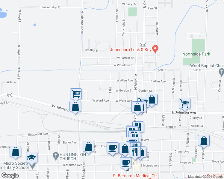 map of restaurants, bars, coffee shops, grocery stores, and more near 314 West Gordon Street in Jonesboro