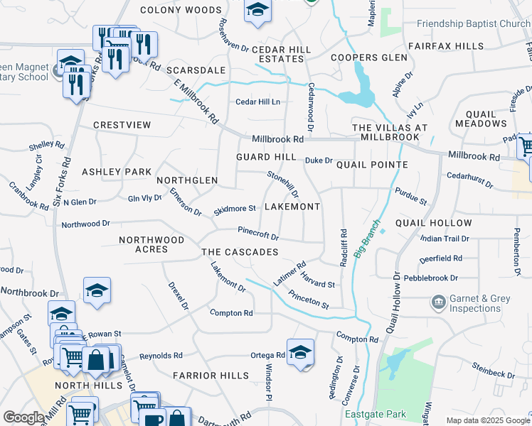 map of restaurants, bars, coffee shops, grocery stores, and more near 4712 Sweetbriar Drive in Raleigh