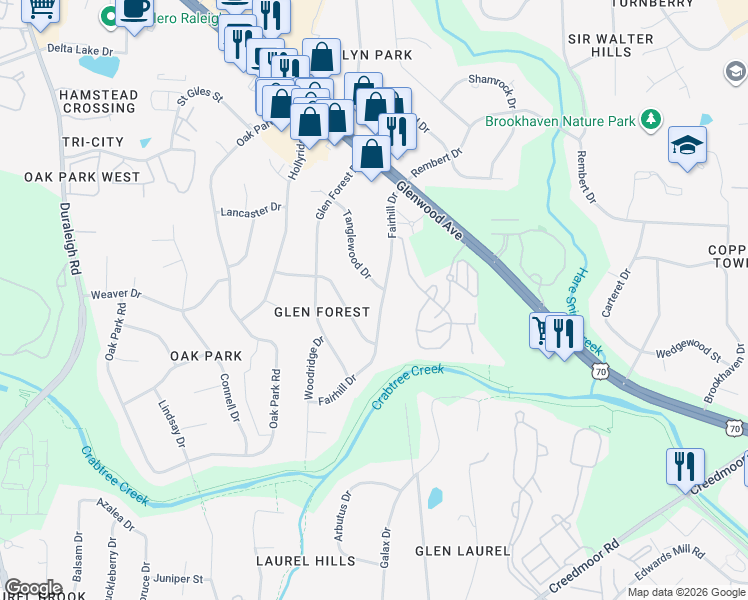 map of restaurants, bars, coffee shops, grocery stores, and more near 2212 Fairhill Drive in Raleigh