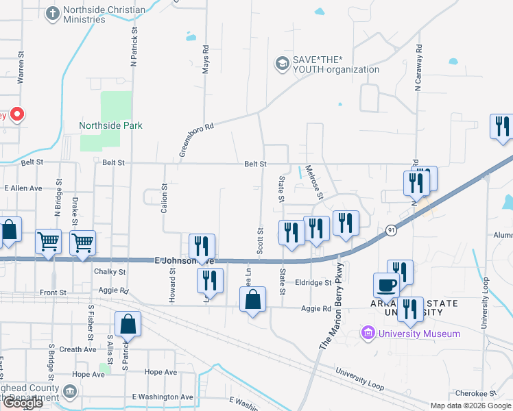 map of restaurants, bars, coffee shops, grocery stores, and more near 400 Scott Street in Jonesboro