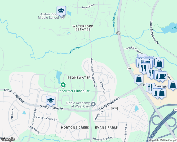 map of restaurants, bars, coffee shops, grocery stores, and more near 418 Panorama View Loop in Cary