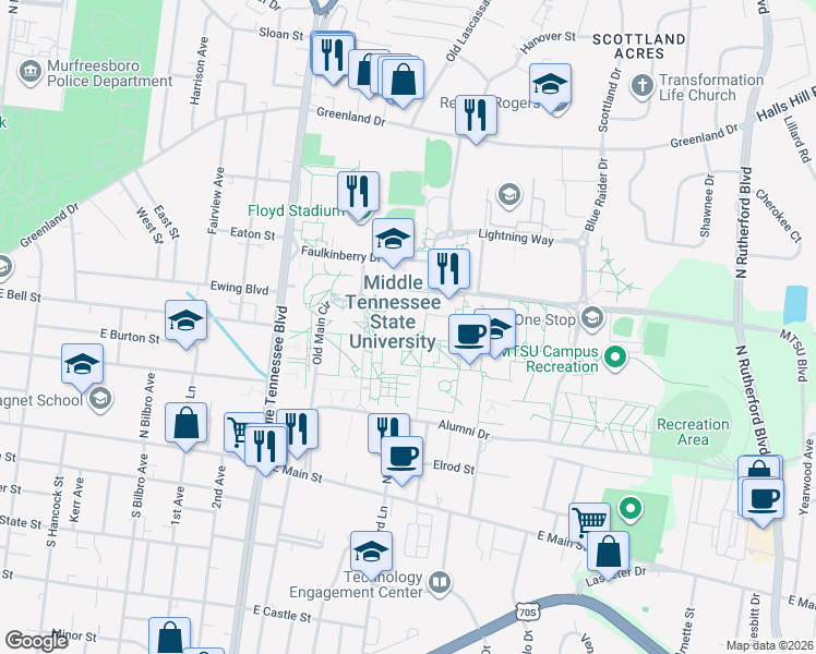 map of restaurants, bars, coffee shops, grocery stores, and more near 1301 East Main Street in Murfreesboro