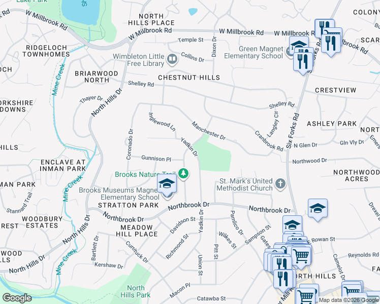 map of restaurants, bars, coffee shops, grocery stores, and more near 5001 Rampart Street in Raleigh