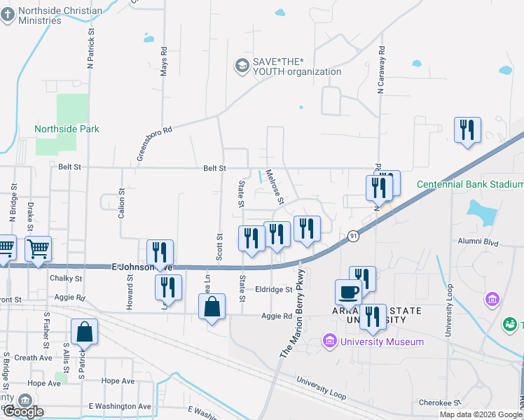 map of restaurants, bars, coffee shops, grocery stores, and more near 1813 Self Circle in Jonesboro