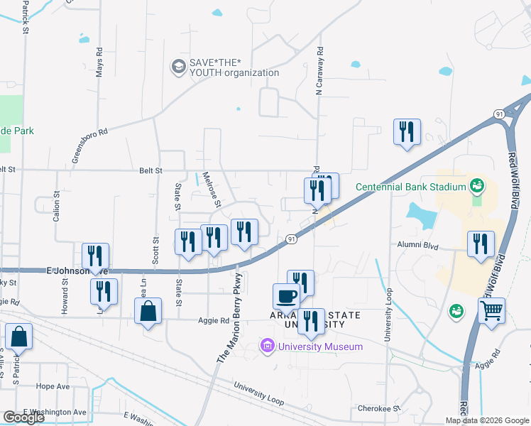 map of restaurants, bars, coffee shops, grocery stores, and more near 324 Russell Drive in Jonesboro