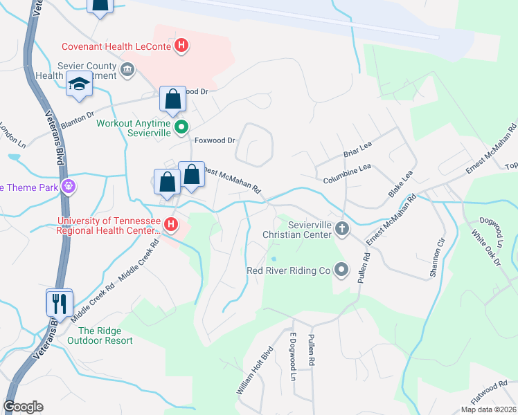 map of restaurants, bars, coffee shops, grocery stores, and more near 1105 Oak Cluster Drive in Sevierville