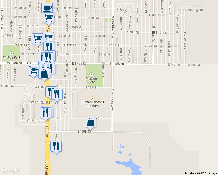 map of restaurants, bars, coffee shops, grocery stores, and more near 1498 South Maddox Avenue in Dumas