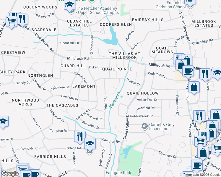 map of restaurants, bars, coffee shops, grocery stores, and more near 705 Haverhill Court in Raleigh