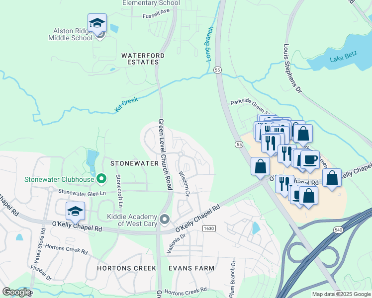 map of restaurants, bars, coffee shops, grocery stores, and more near 16000 Praxis Way in Cary