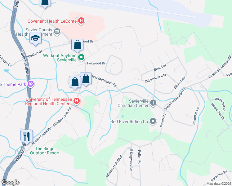 map of restaurants, bars, coffee shops, grocery stores, and more near 1105 Oak Cluster Drive in Sevierville