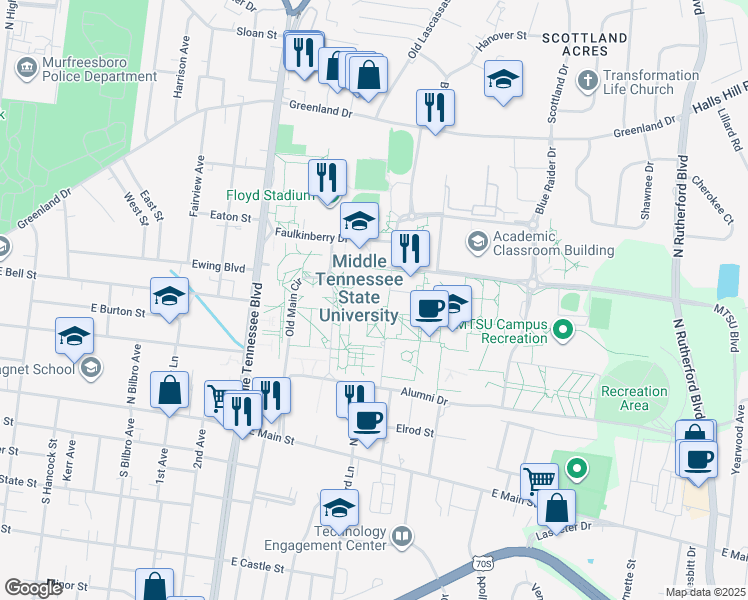 map of restaurants, bars, coffee shops, grocery stores, and more near 1524 Military Memorial in Murfreesboro