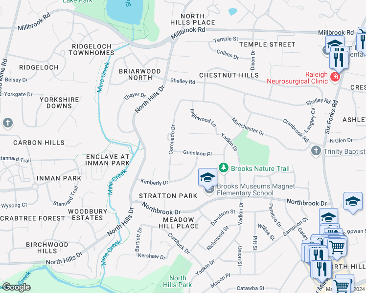 map of restaurants, bars, coffee shops, grocery stores, and more near 1212 Gunnison Place in Raleigh