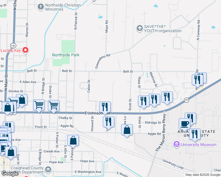 map of restaurants, bars, coffee shops, grocery stores, and more near 323 North Rogers Street in Jonesboro
