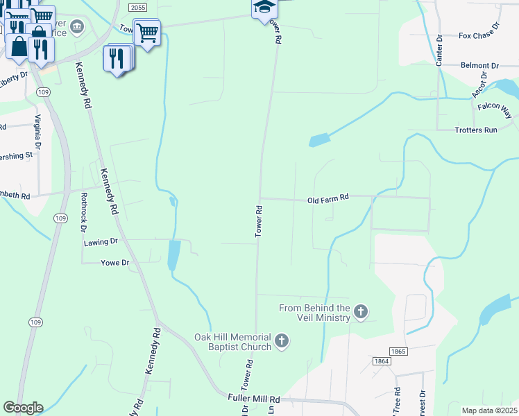 map of restaurants, bars, coffee shops, grocery stores, and more near Tower Road in Thomasville