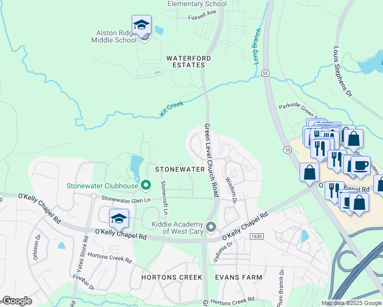 map of restaurants, bars, coffee shops, grocery stores, and more near 439 Panorama View Loop in Cary